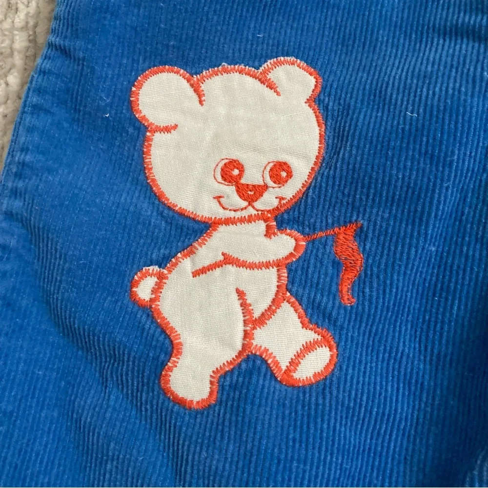 Vintage Health-tex 9M Blue Corduroy Overalls Bear Appliqué USA‎ Retro Baby